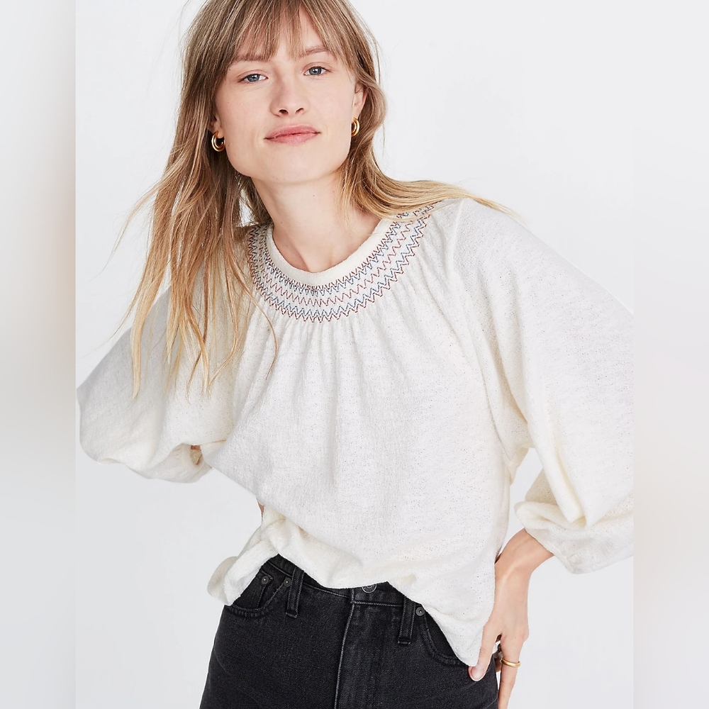 Madewell Superlight Jacquard Embroidered Smocked Top, Women's Size XXS
